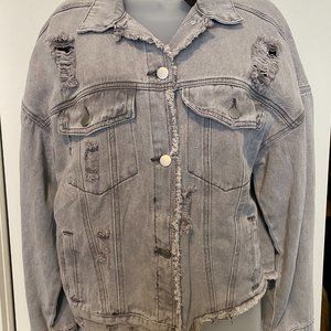 POL Denim Distressed Jean Jacket w/Plaid Inlay